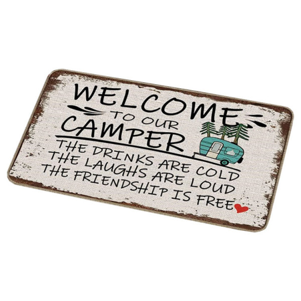 Rohožka sametová s motivem karavanu Welcome to the camper - šedý lem  80x50cm