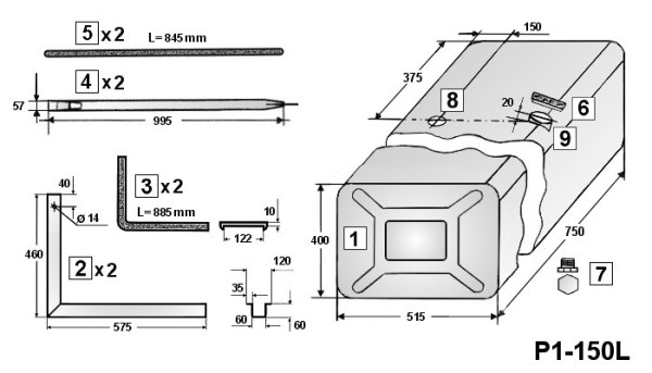 FUEL TANK 150l 400x750x515