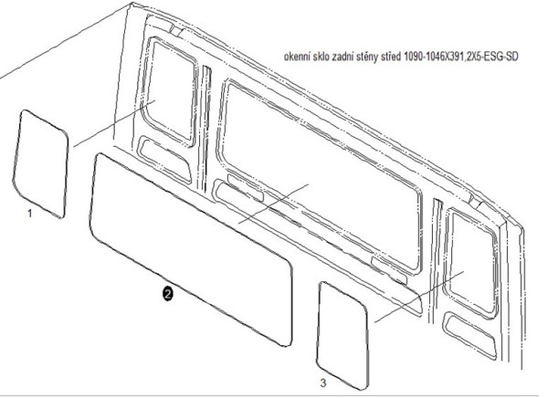 Sklo okenní zadní stěny kabiny 106x39x0.5 MAN