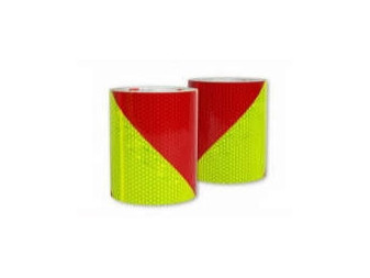 Páska reflexní samolepící červeno žluté pravé šrafování, šířka 14 cm, metráž, reflexní třída 3