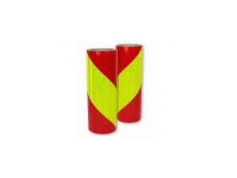 Páska reflexní samolepící červeno žluté pravé šrafování, šířka 28 cm, metráž, reflexní třída 3