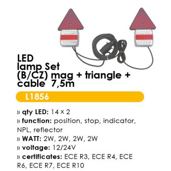 Svítilna zadní set 14 LED magnetická s kabelem 7.5m a trojúhelníkem