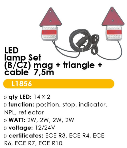 Svítilna zadní set 14 LED magnetická s kabelem 7.5m a trojúhelníkem