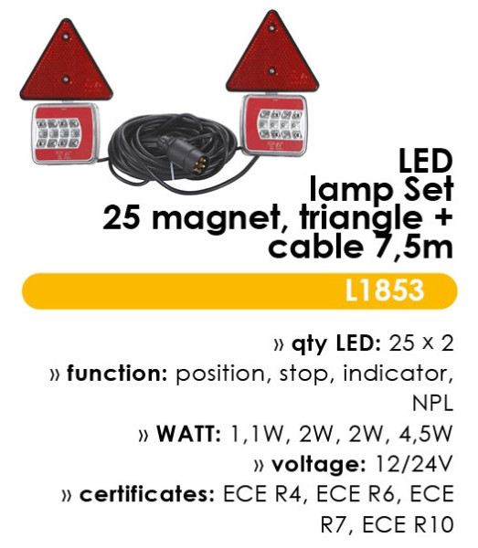 Svítilna zadní set 25 LED magnetická s kabelem 7.5m a trojúhelníkem