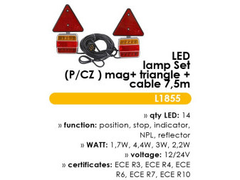Svítilna zadní set 14 LED magnetická s kabelem 7.5m a trojúhelníkem