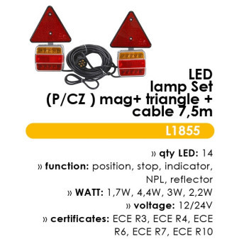 Svítilna zadní set 14 LED magnetická s kabelem 7.5m a trojúhelníkem