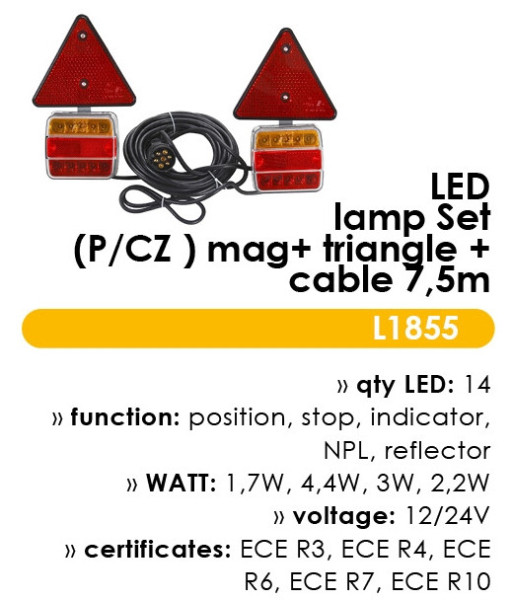 Svítilna zadní set 14 LED magnetická s kabelem 7.5m a trojúhelníkem