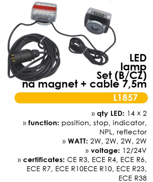 Svítilna zadní set 14 LED magnetická s kabelem 7.5m