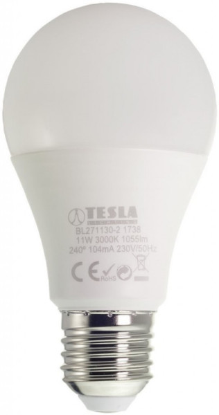 Žárovka TESLA bytová LED BULB E27, 11W, 230V, 1055lm, 25 000h, 3000K teplá bílá, 220st