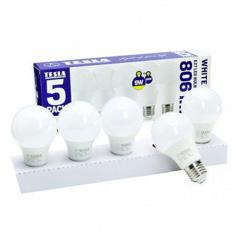 Žárovka TESLA bytová LED BULB E27, 9W, 230V, 806lm, 25 000h, 3000K teplá bílá, 220st, 5ks v balení