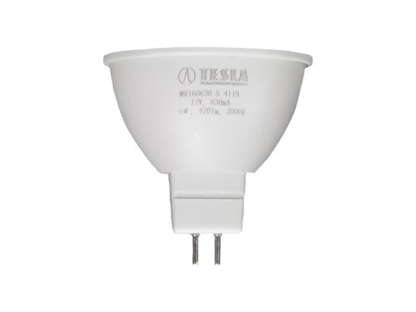 Žárovka TESLA bytová LED GU5,3 MR16, 6W, 12V, 470lm, 25 000h, 3000K teplá bílá, 100st