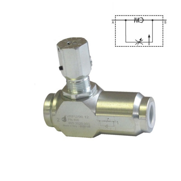 Ventil škrtící 3/8" VRFU90° jednosměrný 400 barů 30 l/min. hydraulika