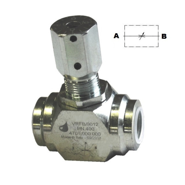 Ventil škrtící 1/4" VRFB90° obousměrný 400 barů 15 l/min. hydraulika