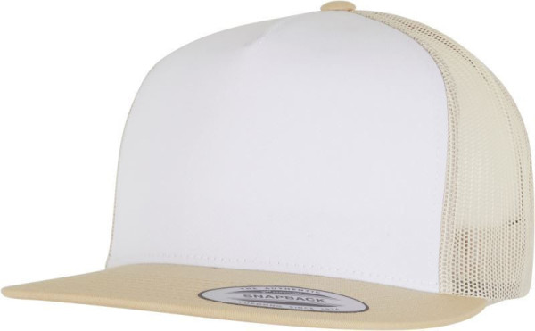 Čepice kšiltovka Snapback, FLEXFIT Yupoong Trucker, šíťkovaná, bílo-zlatá