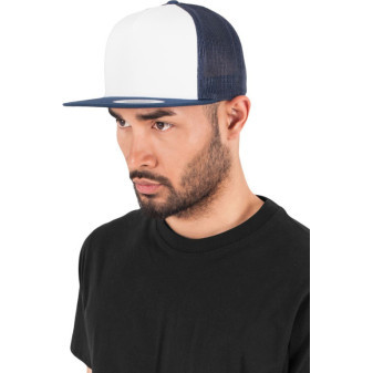 Čepice kšiltovka Snapback, FLEXFIT Yupoong Trucker, šíťkovaná, bílo-námořní modrá