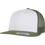 Čepice kšiltovka Snapback, FLEXFIT Yupoong Trucker, šíťkovaná, bílo-olivová