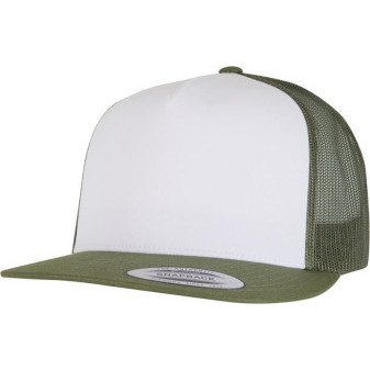 Čepice kšiltovka Snapback, FLEXFIT Yupoong Trucker, šíťkovaná, bílo-olivová