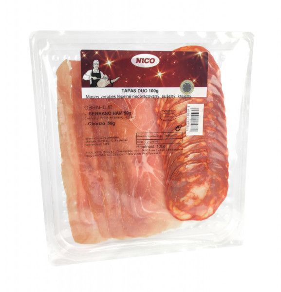 Tapas duo 100g - masný výrobek sušený, krájený Serrano ham,Chorizo